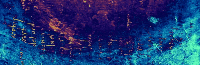 Farbiges Bild in Lila, Blau und Gelb, mit gelber Schrift hervorgehoben an bestimmten Stellen