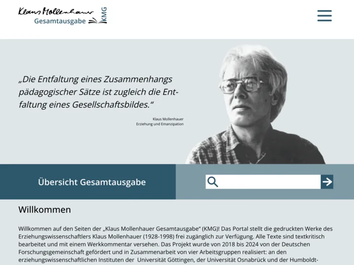 Klaus-Mollenhauer-Gesamtausgabe - Screenshot Ein Screenshot der Webseite der Klaus-Mollenhauer-Gesamtausgabe, ein Bild von Klaus Mollenhauer oben rechts, Willkommenstext als Hauptinhalt
