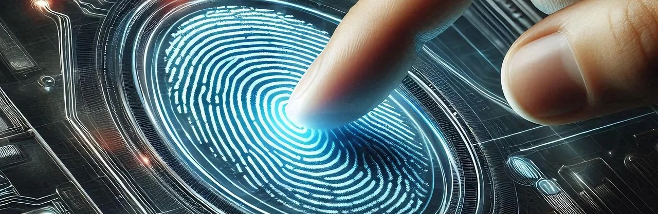 Digitaler Fingerabdruck aus leuchtenden, verbundenen Linien und Punkten auf dunklem Hintergrund.