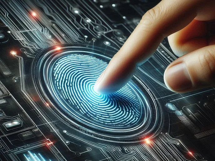 Digitaler Fingerabdruck aus leuchtenden, verbundenen Linien und Punkten auf dunklem Hintergrund.