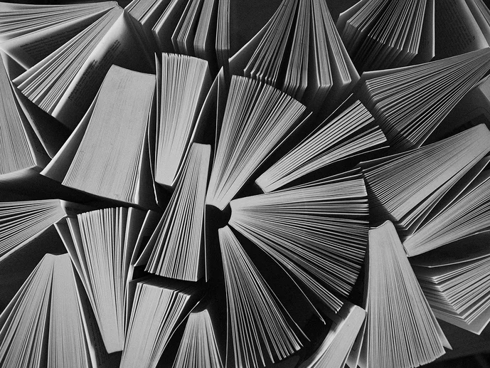 Das Bild zeigt von oben fotografierte Buchschnitte.