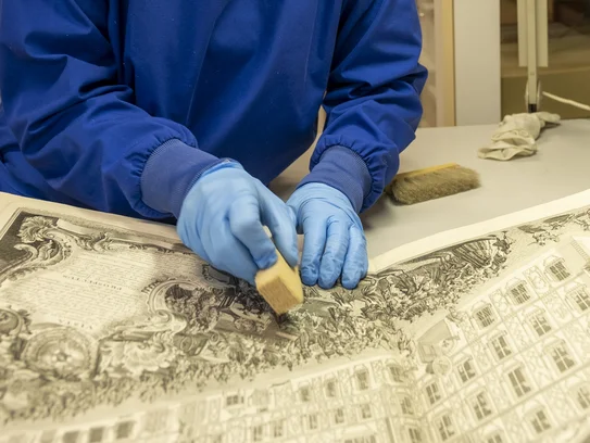 Zwei Hände in blauen Handschuhen reinigen mit einem Kautschukschwamm einen Kupferstich mit Gebäudedarstellung.