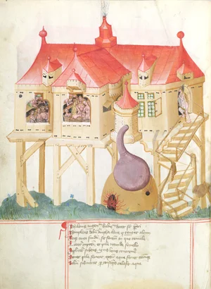 Beheiztes Badehäuschen im Bellifortis Mittelalterliche Darstellung eines Badehauses, beheizt durch einen Dampfofen