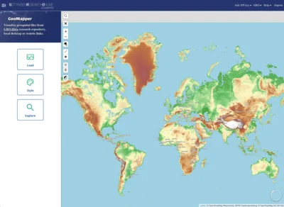 Screenshot des GRO GeoMappers, Weltkarte mit Menu auf der linken Seite zur Integration von Geo-Daten