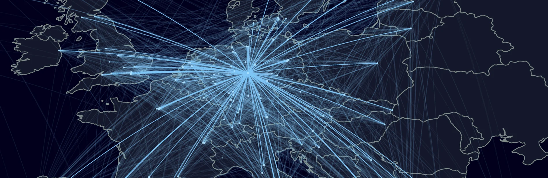 Karte von Europa mit hellblauen Linien, die von einem zentralen Punkt in Deutschland zu verschiedenen Städten in Europa führen
