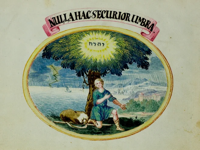 Stammbuch des Ludwig Andreas Gercke Darstellung eines Mannes, der im Schatten eines Baumes sitzt. Über ihm befindet sich ein Schriftband mit dem lateinischen Spruch „NULLA HAC SECURIOR UMBRA“.