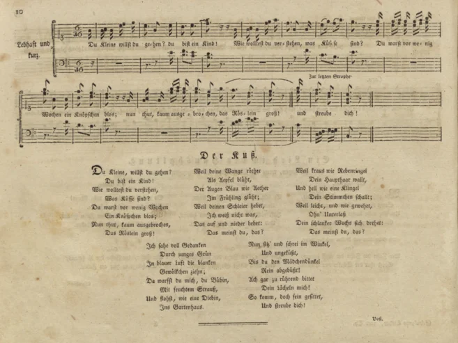 Lieder im Volkston, Berlin 1790 Seitenausschnitt aus einem historischen Musikdruck mit Notensatz oben und fünf gedruckten Textstrophen im unteren Teil.