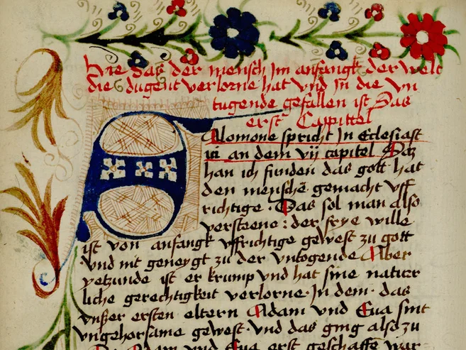 Ausschnitt aus einer mittelalterlichen Handschrift mit einer S-Initiale Ausschnitt aus einer mittelalterlichen Handschrift mit einer S-Initiale und einer Blumenranke am oberen Rand
