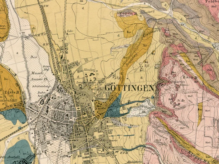 Geologische Karte Göttingens Ausschnitt aus einer geologischen Karte, die die Stadt Göttingen zeigt