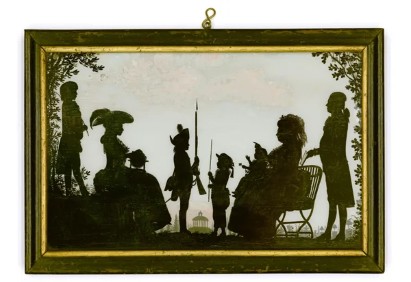 Gemälde der Familie von Schlözer Hinterglasmalerei mit Tusche, darstellend ein Familienporträt der von Schlözers von 1748