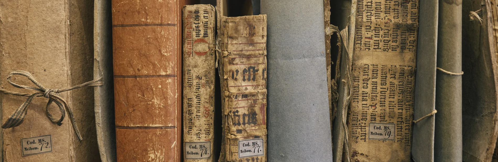 Regal mit Archivmappen und historischen Bucheinbänden