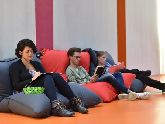 Drei Studierende sitzen auf Sitzsaecken und lesen