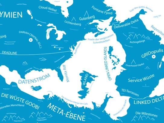 Fantasieweltkarte mit Begriffen zu Forschungsdaten