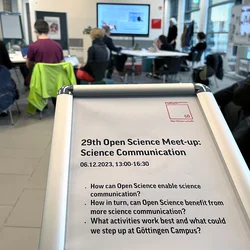 OpenScienceMeetup Hinweisschild mit Beschreibung zum Open Science Meetup mit Meetingraum und Bildschirm im Hintergrund