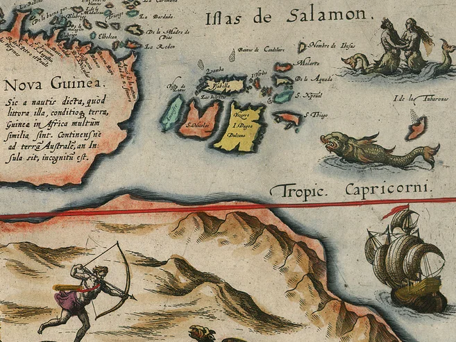 Ausschnitt aus einer Portulankarte Ausschnitt einer frühneuzeitlichen Seekarte mit Schiff und Seeungeheuer am rechten Rand